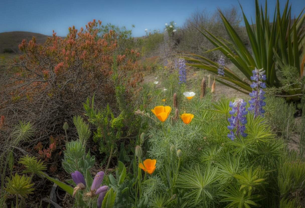 California Native Plants: Essential Guide for Sustainable Landscaping 1 A variety of California native plants including bright orange poppies, purple lupines, and green manzanita bushes under a clear blue sky with hills in the background.