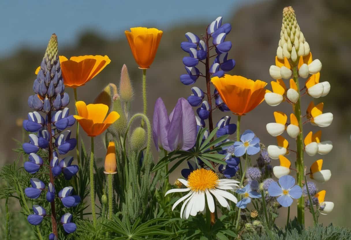California Native Plants: Essential Guide for Sustainable Landscaping 2 A close-up of colorful California native flowers including orange poppies, purple lupines, and other wildflowers with green leaves in natural sunlight.