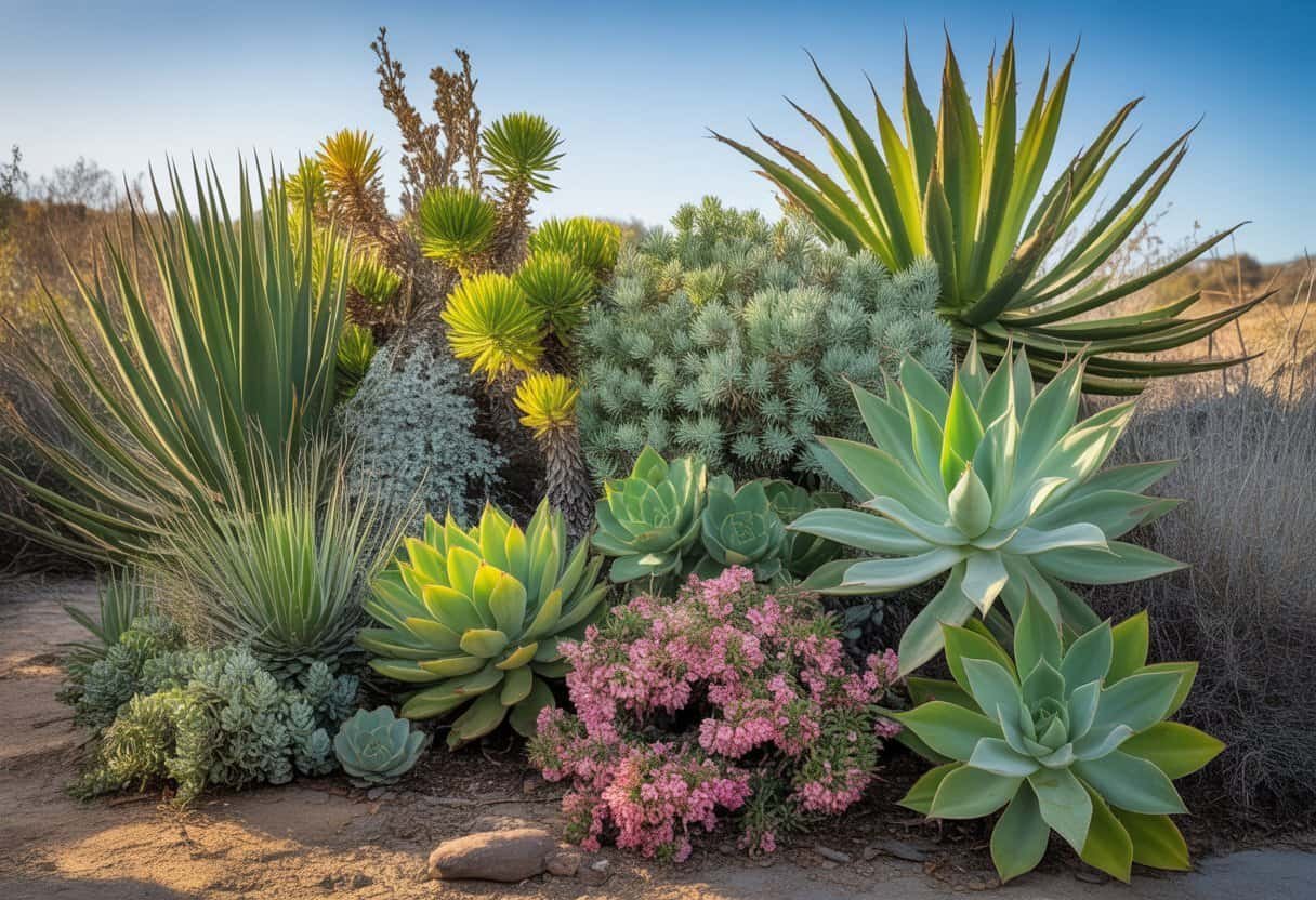 California Native Plants: Essential Guide for Sustainable Landscaping 3 A variety of native California shrubs and succulents growing outdoors with sunlight and clear sky.
