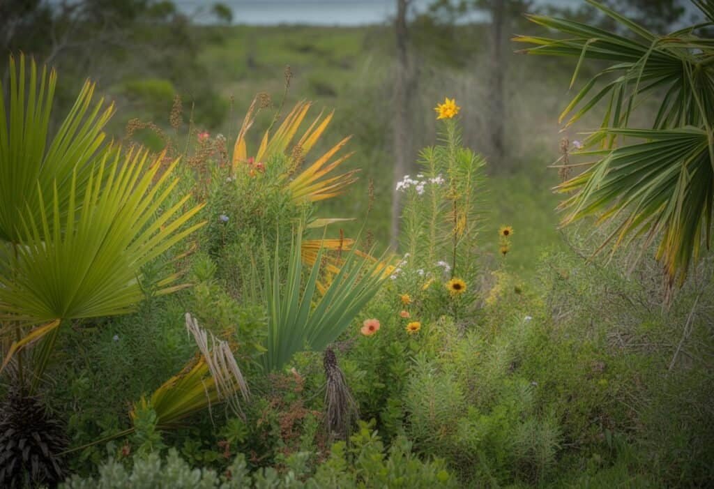 A variety of Florida native plants including palmetto, wildflowers, and greenery in a natural outdoor setting.
