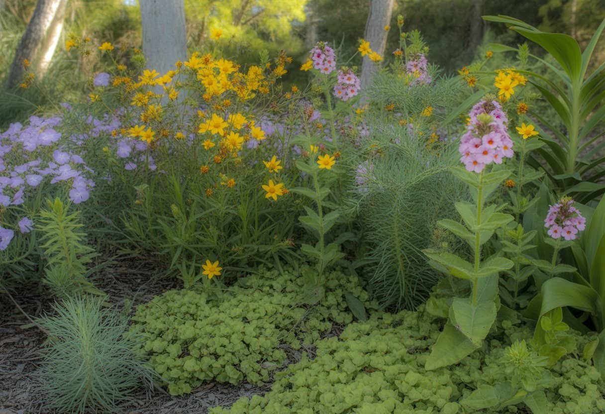 Florida Native Plants: A Guide to Sustainable Landscaping in the Sunshine State 2 A close-up view of colorful Florida native flowers and green groundcover plants growing naturally in a sunlit garden.