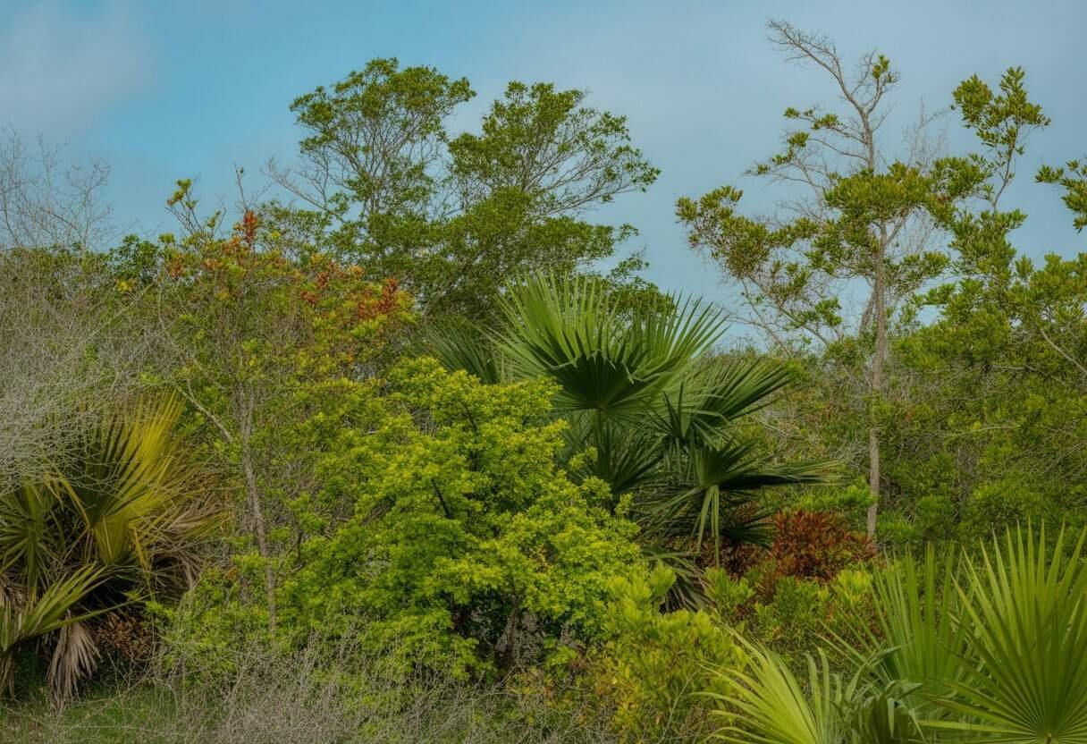 Florida Native Plants: A Guide to Sustainable Landscaping in the Sunshine State 3 A variety of Florida native shrubs and trees growing outdoors under a clear sky.