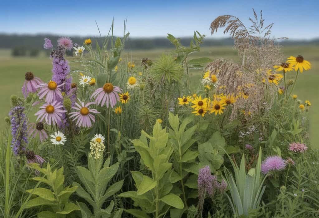 A natural meadow filled with various Missouri native plants including purple coneflowers, black-eyed Susans, and milkweed under a clear blue sky.