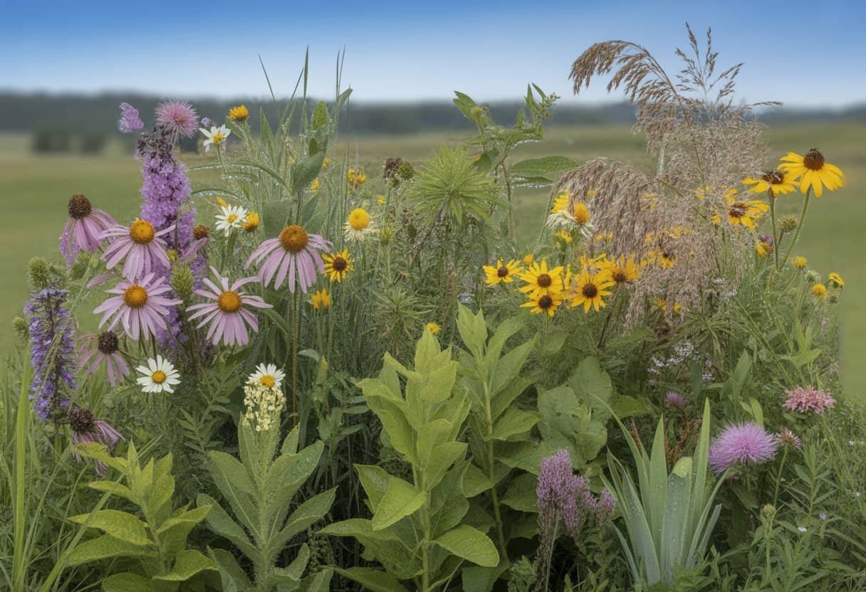 Missouri Native Plants: A Guide to Indigenous Flora for Your Garden 1 A natural meadow filled with various Missouri native plants including purple coneflowers, black-eyed Susans, and milkweed under a clear blue sky.
