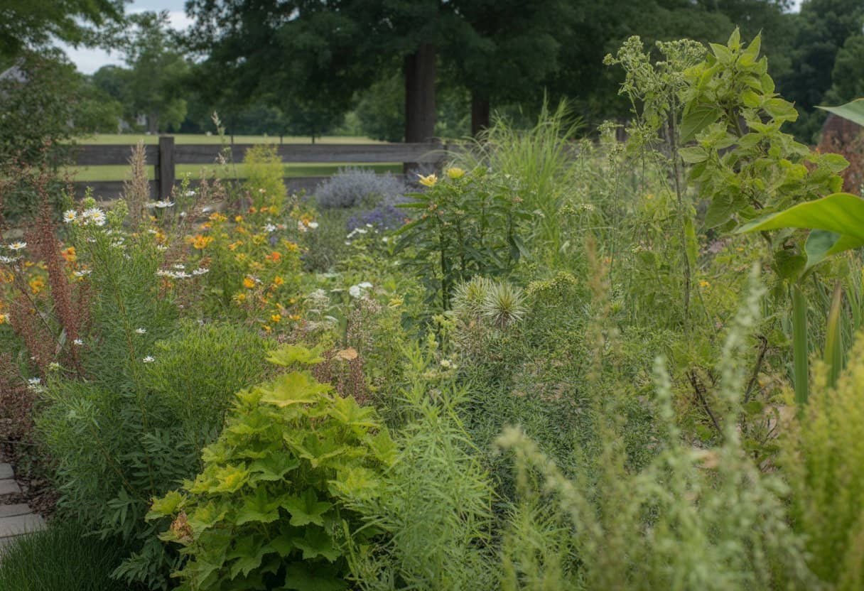 Missouri Native Plants: A Guide to Indigenous Flora for Your Garden 2 A colorful garden filled with various native Missouri plants including wildflowers, grasses, and shrubs under natural sunlight.