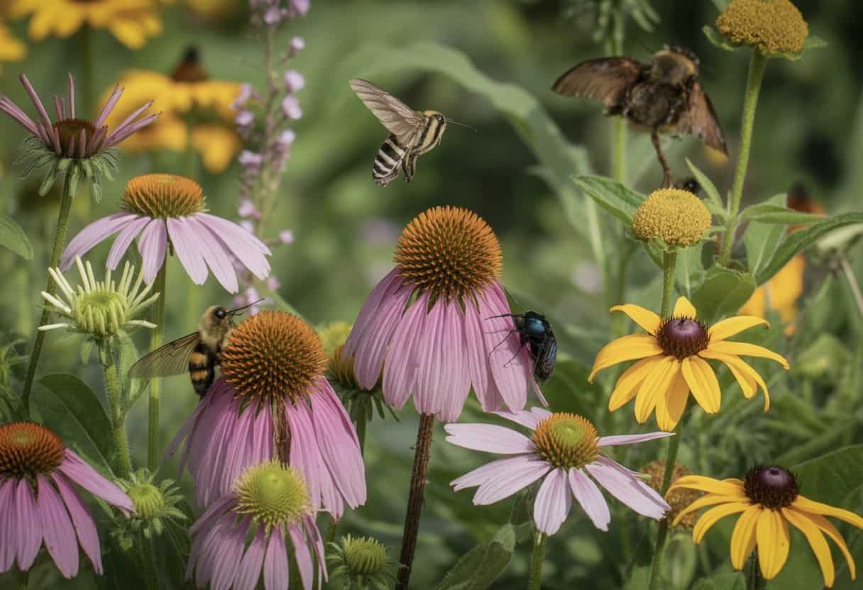 Missouri Native Plants: A Guide to Indigenous Flora for Your Garden 3 A garden with Missouri native plants blooming and pollinators like bees and butterflies visiting the flowers.