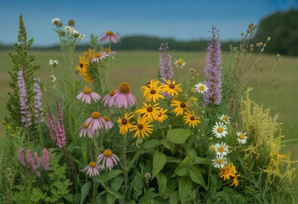 A natural outdoor scene showing various native Wisconsin wildflowers and plants in a green meadow under a clear blue sky.