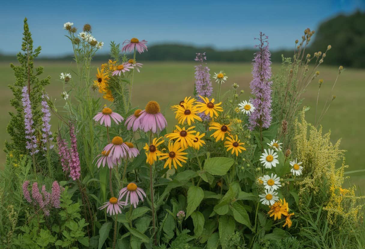 Wisconsin Native Plants: A Comprehensive Guide for Sustainable Landscaping 1 A natural outdoor scene showing various native Wisconsin wildflowers and plants in a green meadow under a clear blue sky.