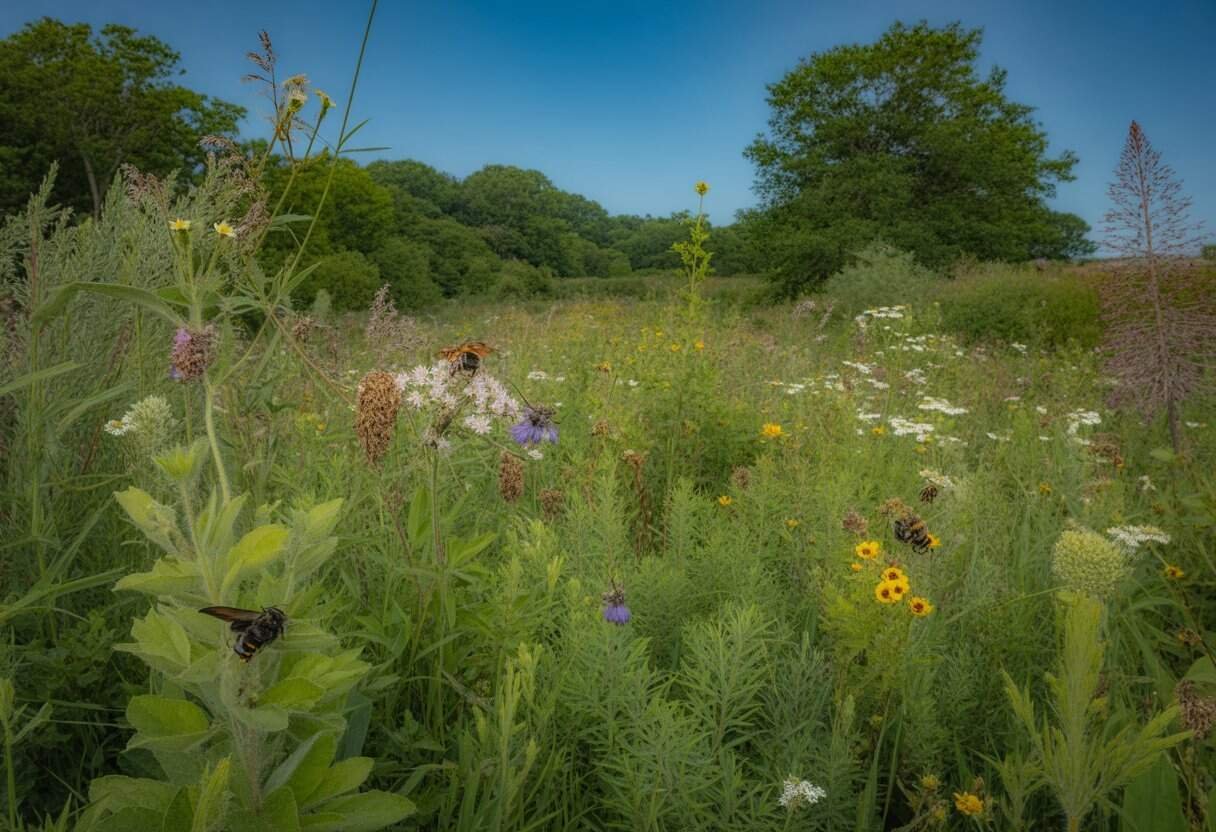 Wisconsin Native Plants: A Comprehensive Guide for Sustainable Landscaping 2 A meadow filled with diverse Wisconsin native plants, including wildflowers and shrubs, with bees and butterflies among them under a clear blue sky.