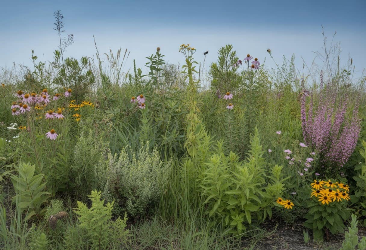 Wisconsin Native Plants: A Comprehensive Guide for Sustainable Landscaping 3 A natural scene showing a variety of native Wisconsin plants including wildflowers, grasses, and shrubs growing in a prairie or woodland edge habitat with clear sky and insects flying around.