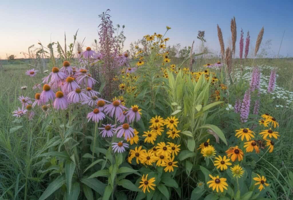 A cluster of colorful Illinois native plants including purple coneflowers, black-eyed Susans, and grasses in a sunlit prairie landscape.