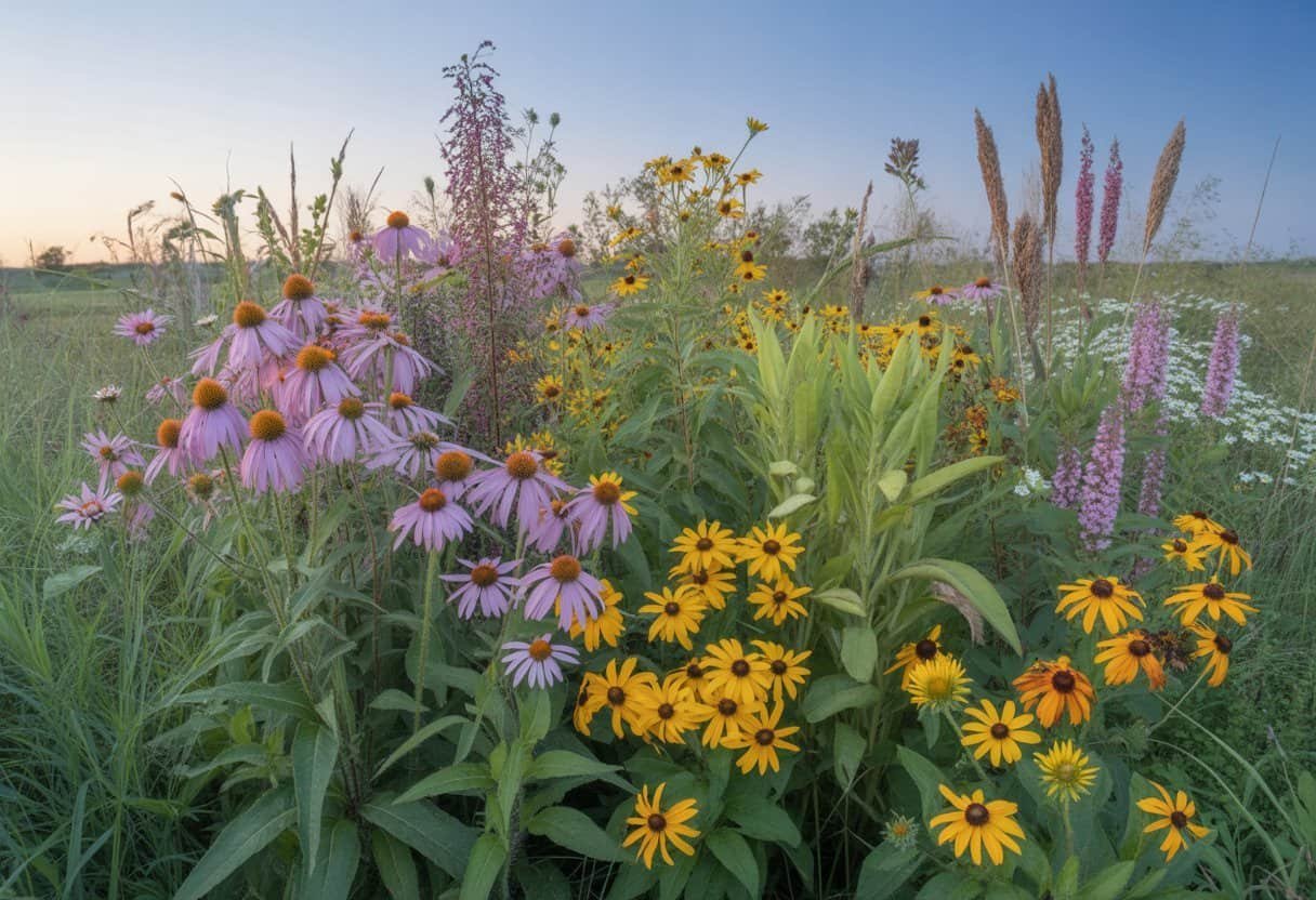 Illinois Native Plants: A Guide to Sustainable Landscaping for Midwest Gardens 1 A cluster of colorful Illinois native plants including purple coneflowers, black-eyed Susans, and grasses in a sunlit prairie landscape.