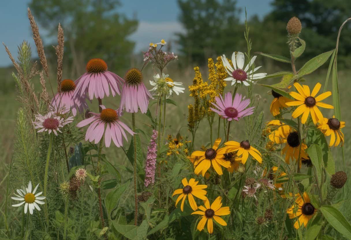 Illinois Native Plants: A Guide to Sustainable Landscaping for Midwest Gardens 2 A natural outdoor scene showing a variety of healthy Illinois native plants including wildflowers and grasses in a sunlit prairie or woodland area.