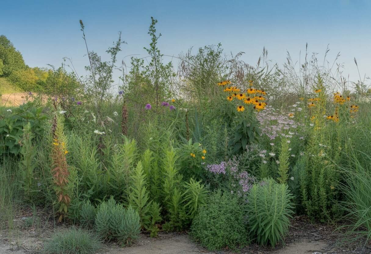 Illinois Native Plants: A Guide to Sustainable Landscaping for Midwest Gardens 3 A natural scene with Illinois native plants including wildflowers and grasses growing in a sunlit meadow and woodland edge.