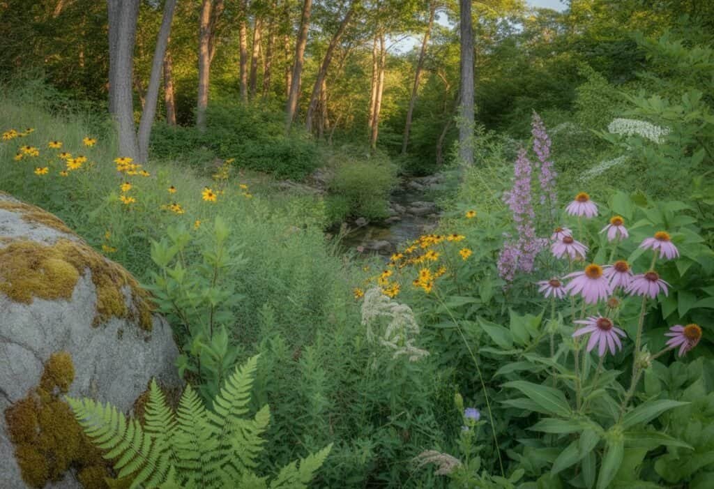 A natural woodland scene with native Massachusetts plants including wildflowers, shrubs, ferns, and a small stream in the background.