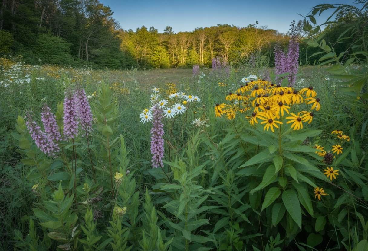 Native Plants Massachusetts: A Comprehensive Guide for Local Gardeners 2 A sunlit meadow in Massachusetts filled with colorful native wildflowers and trees with a forest in the background.