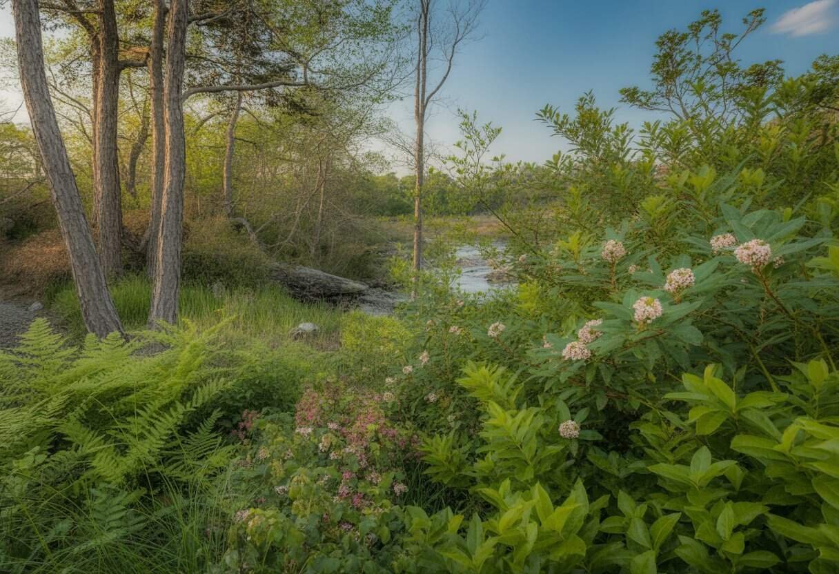 Native Plants Massachusetts: A Comprehensive Guide for Local Gardeners 3 A natural Massachusetts habitat with native trees, flowering bushes, wildflowers, and a small stream under a blue sky.
