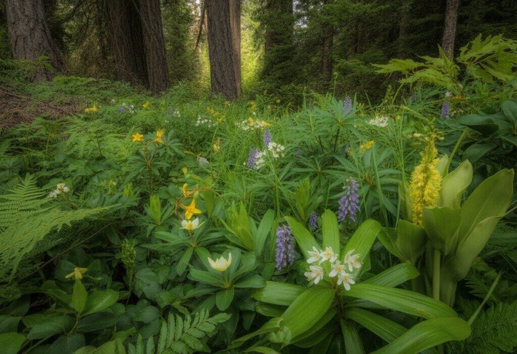 A natural scene of various Oregon native plants including wildflowers, ferns, and shrubs under tall trees with sunlight filtering through.