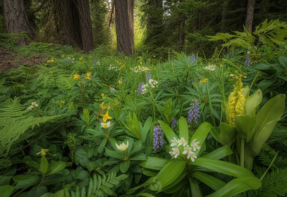 Oregon Native Plants: A Guide to Sustainable Landscaping in the Pacific Northwest 1 A natural scene of various Oregon native plants including wildflowers, ferns, and shrubs under tall trees with sunlight filtering through.