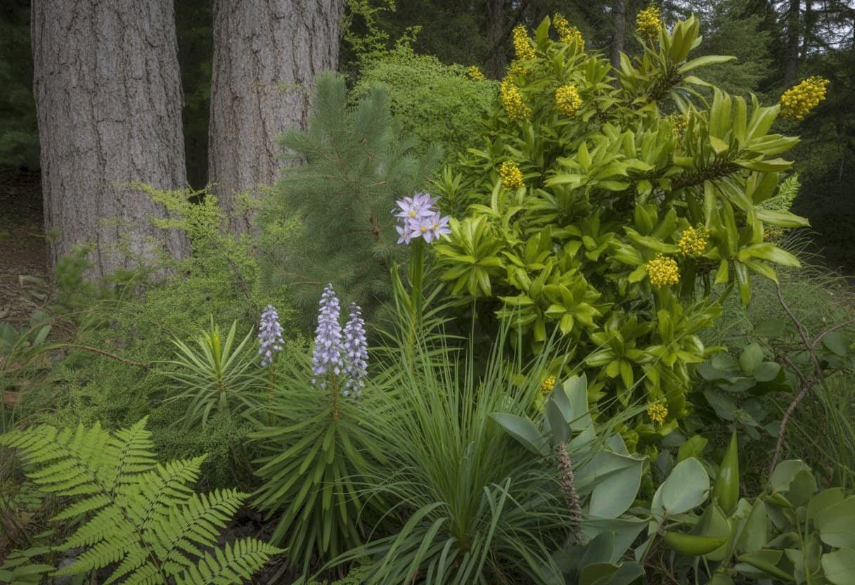 Oregon Native Plants: A Guide to Sustainable Landscaping in the Pacific Northwest 2 A variety of Oregon native plants including Douglas fir trees, Oregon grape shrubs, camas lilies, and sword ferns in a forest setting.