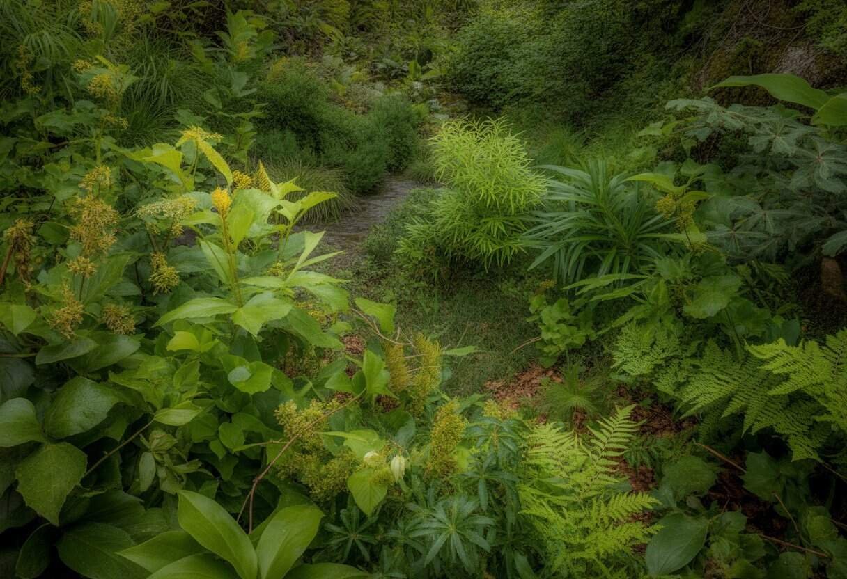 Oregon Native Plants: A Guide to Sustainable Landscaping in the Pacific Northwest 3 A natural scene of diverse native Oregon plants including wildflowers, shrubs, and trees in a forest setting with sunlight filtering through the leaves.