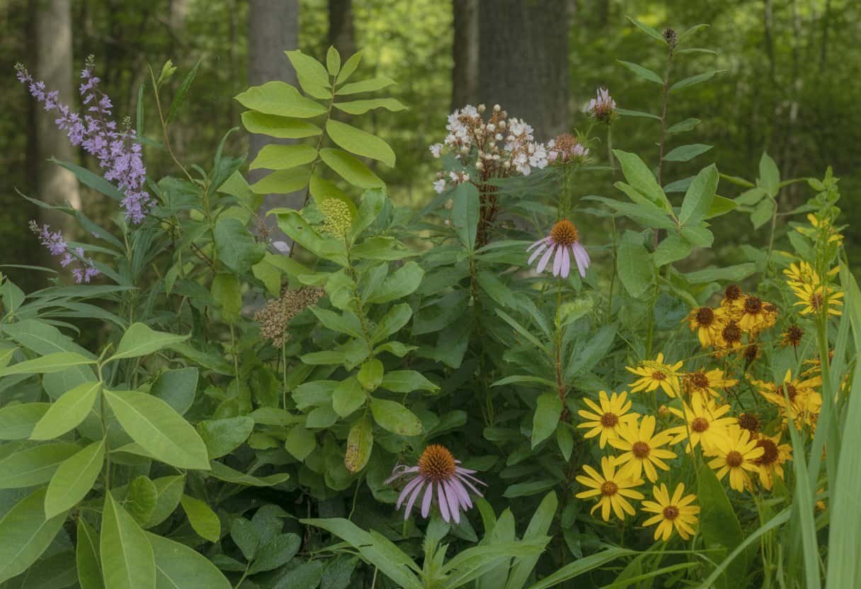 Georgia Native Plants: A Guide to Sustainable Landscaping for Your Garden 1 Close-up of various green leaves and colorful flowers native to Georgia in a natural woodland setting.
