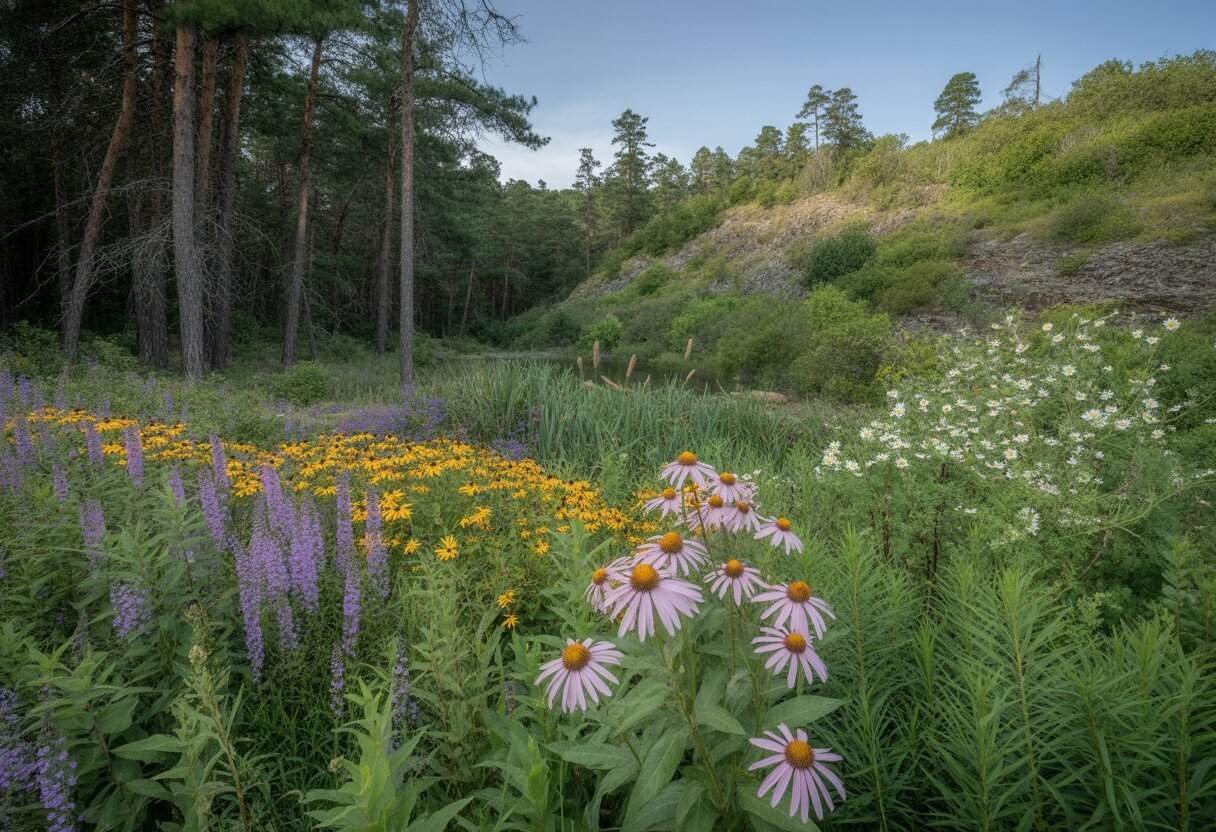 Georgia Native Plants: A Guide to Sustainable Landscaping for Your Garden 2 A diverse natural landscape in Georgia showing native trees, wildflowers, wetlands, and rocky hills under a clear blue sky.