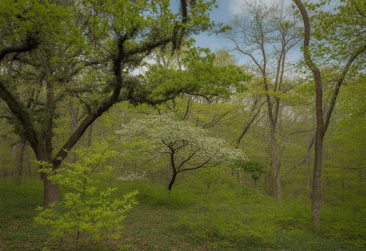 Georgia Native Plants: A Guide to Sustainable Landscaping for Your Garden 3 A vibrant forest scene with various native trees of Georgia, including live oaks, sweetgums, and dogwoods, under soft sunlight.