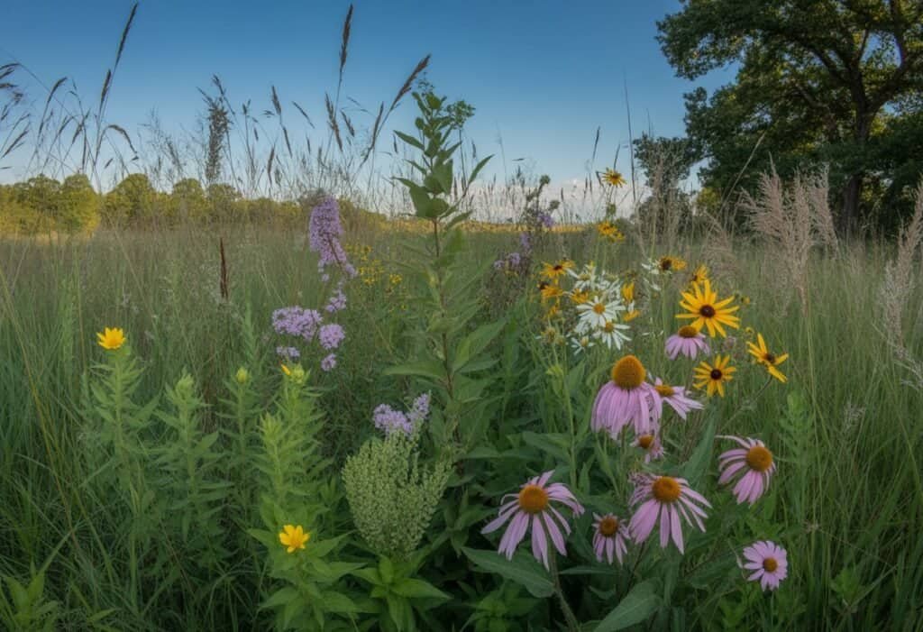 A colorful Illinois prairie scene with native wildflowers and tall grasses under a clear blue sky.