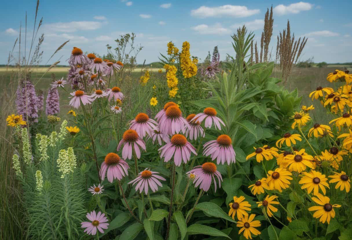Native Plants Illinois: Top 10 Species for Your Midwest Garden 2 A natural outdoor scene showing a variety of native Illinois plants including purple coneflowers, black-eyed Susans, milkweed, and prairie grasses under a blue sky with white clouds.