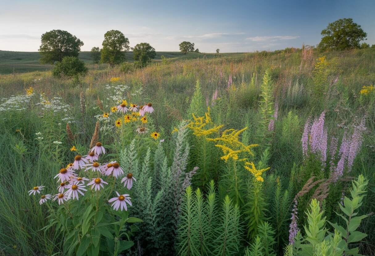 Native Plants Illinois: Top 10 Species for Your Midwest Garden 3 A diverse Illinois prairie with tall grasses, wildflowers, shrubs, and scattered trees under a clear sky.