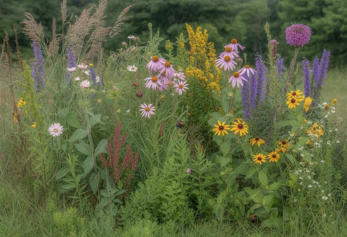Indiana Native Plants: A Guide to Local Flora for Sustainable Landscaping 1 A close-up view of various Indiana native plants including wildflowers and grasses in a natural outdoor setting.