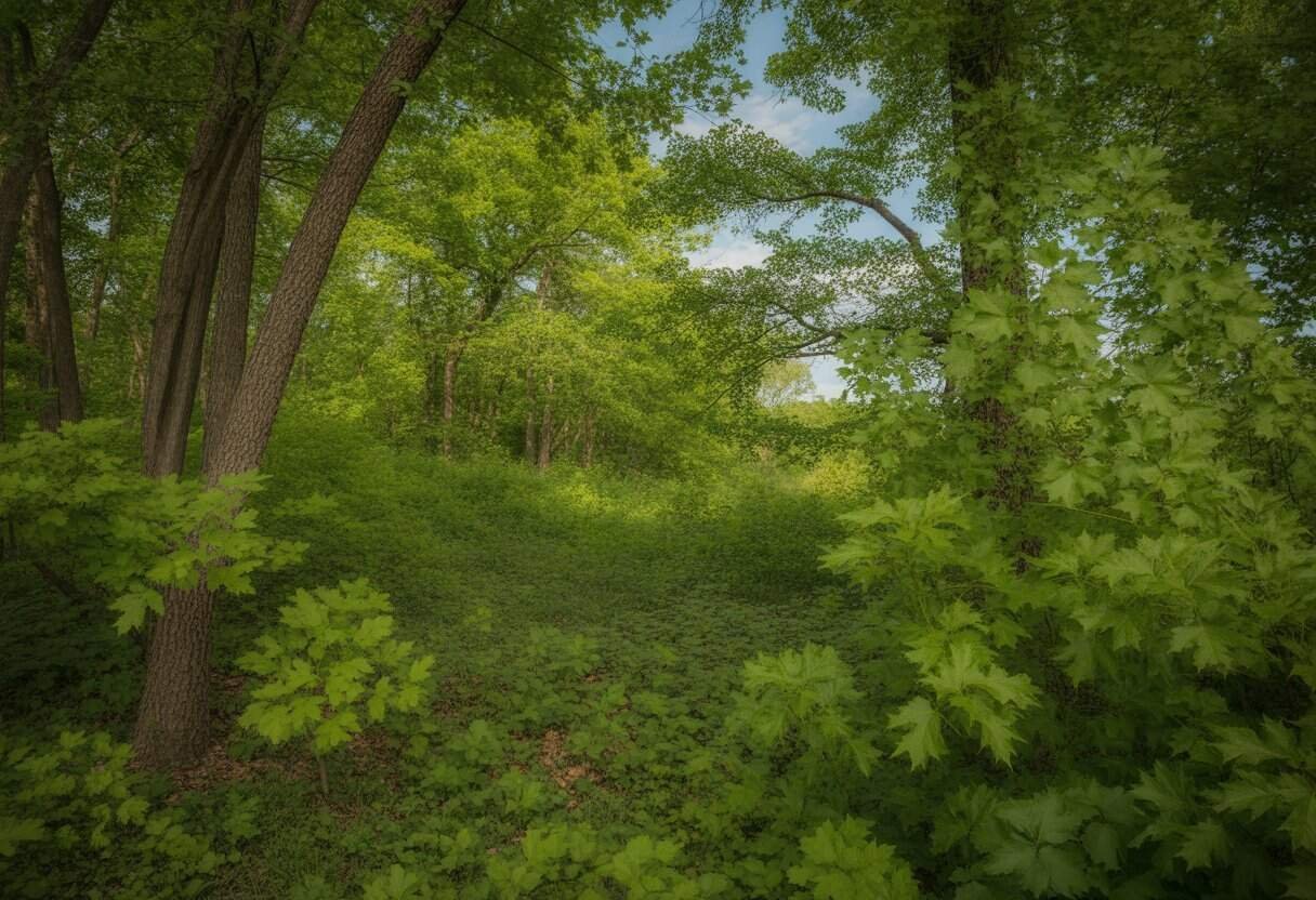 Indiana Native Plants: A Guide to Local Flora for Sustainable Landscaping 3 A natural woodland scene with various native Indiana trees and shrubs, showing green leaves and sunlight filtering through the forest canopy.