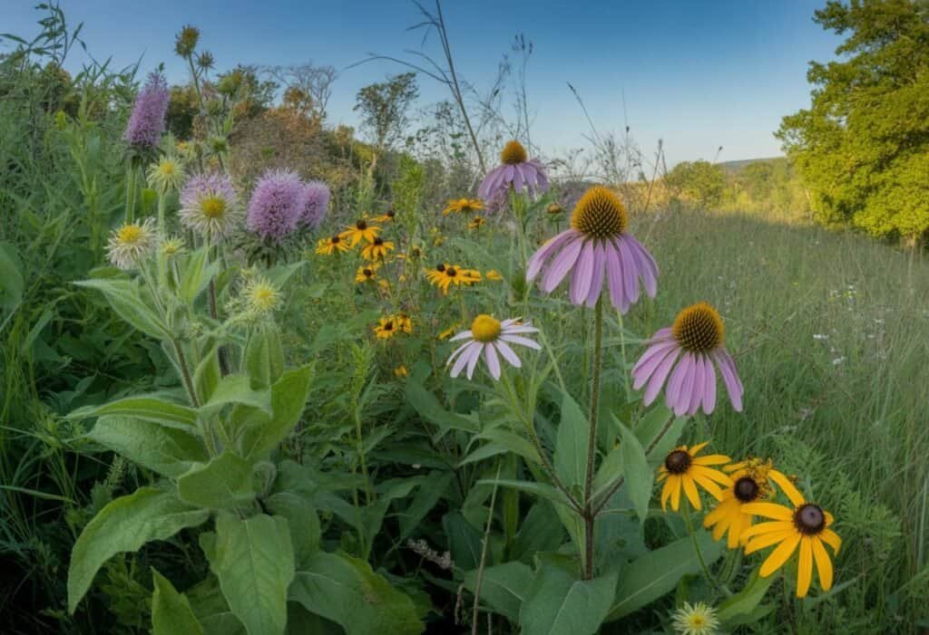A sunlit meadow in Pennsylvania filled with native wildflowers and green plants, with trees and a clear sky in the background.