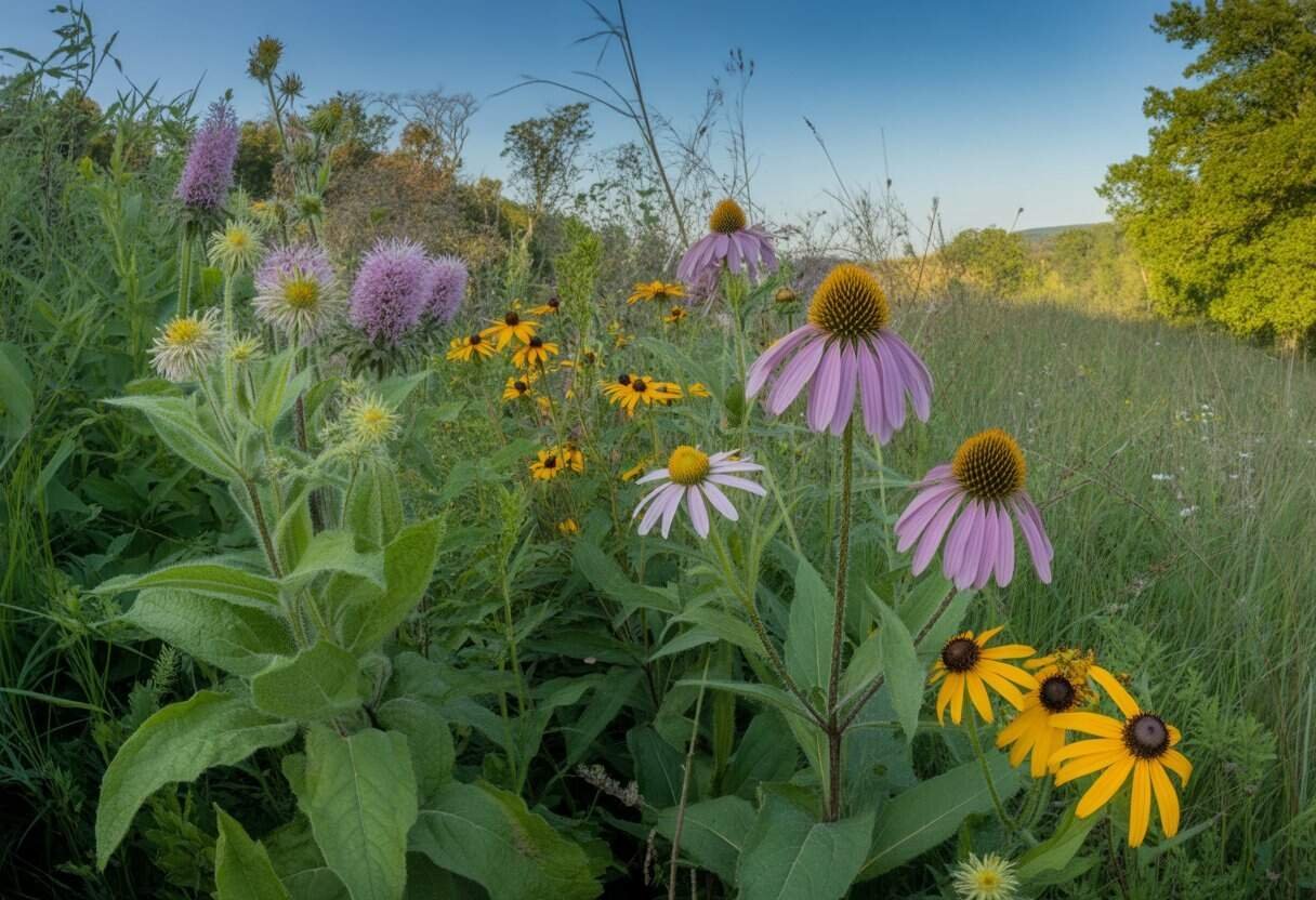 Native Plants Pennsylvania: A Guide to Indigenous Flora for Your Garden 1 A sunlit meadow in Pennsylvania filled with native wildflowers and green plants, with trees and a clear sky in the background.