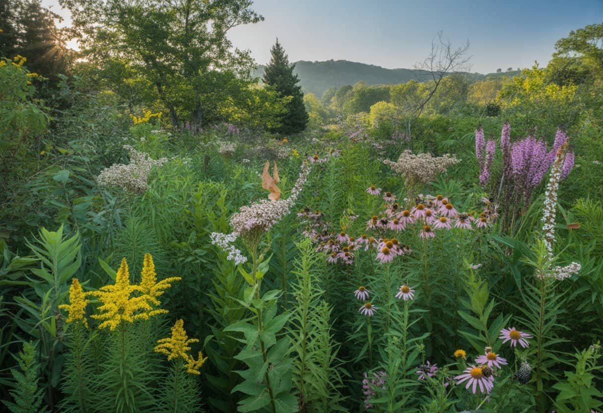 Native Plants Pennsylvania: A Guide to Indigenous Flora for Your Garden 2 A natural Pennsylvania landscape filled with diverse native plants and wildflowers under a clear blue sky.