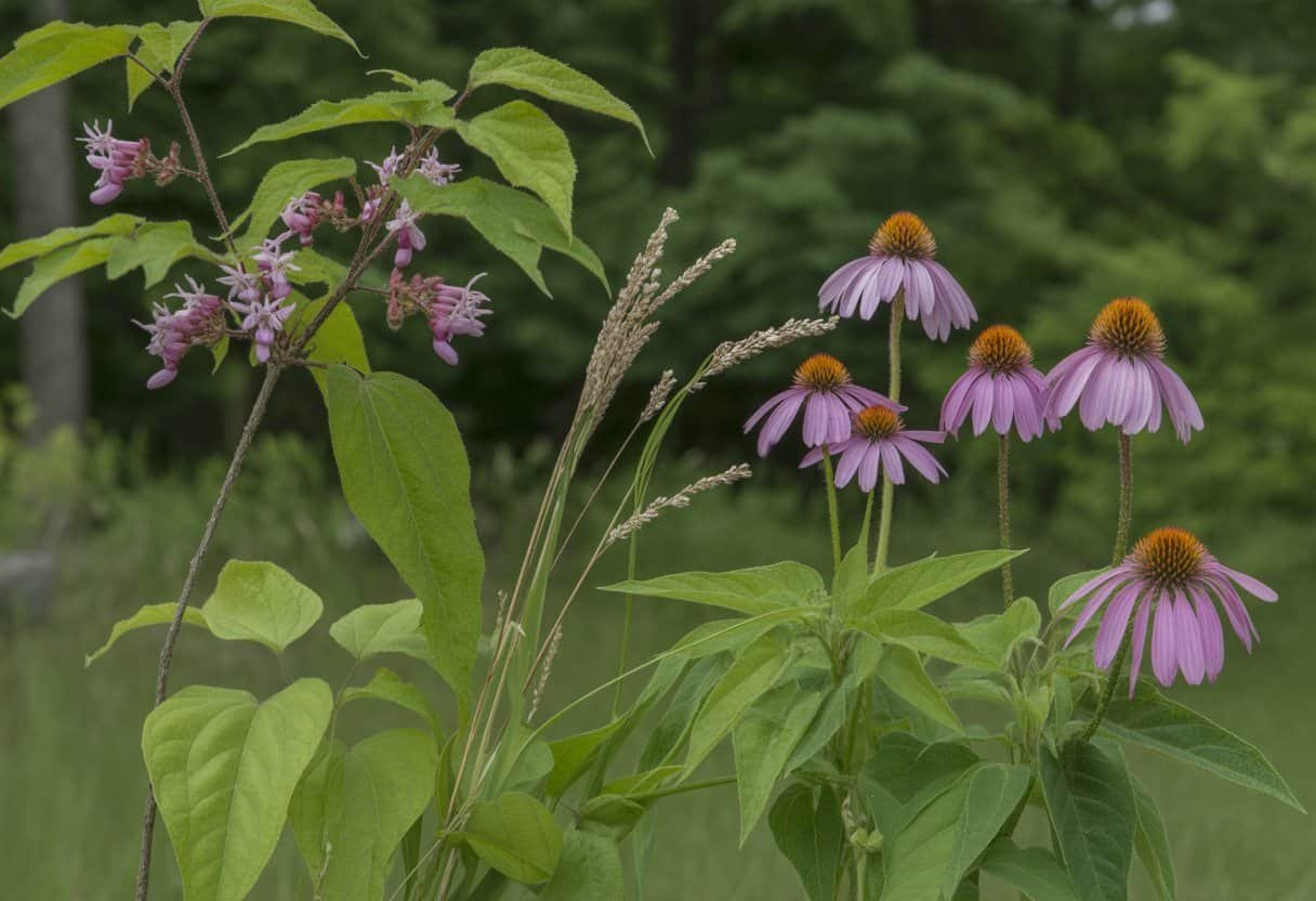 Native Plants Pennsylvania: A Guide to Indigenous Flora for Your Garden 3 A natural outdoor scene displaying a variety of native Pennsylvania plants including flowering trees, purple coneflowers, and grasses.
