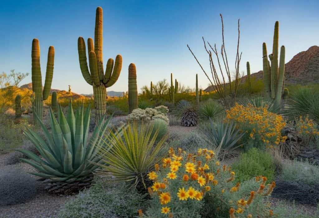 A variety of Arizona native plants including saguaro cacti, desert wildflowers, agave, and ocotillo in a sunny desert landscape with rocky hills in the background.