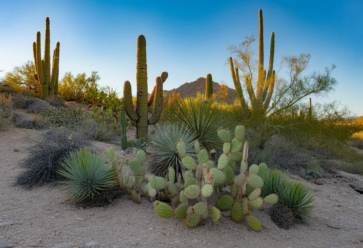 Arizona Native Plants: A Guide to Sustainable Desert Landscaping 2 A variety of Arizona native plants including cacti and desert wildflowers growing on rocky desert terrain with blue sky and distant mountains.