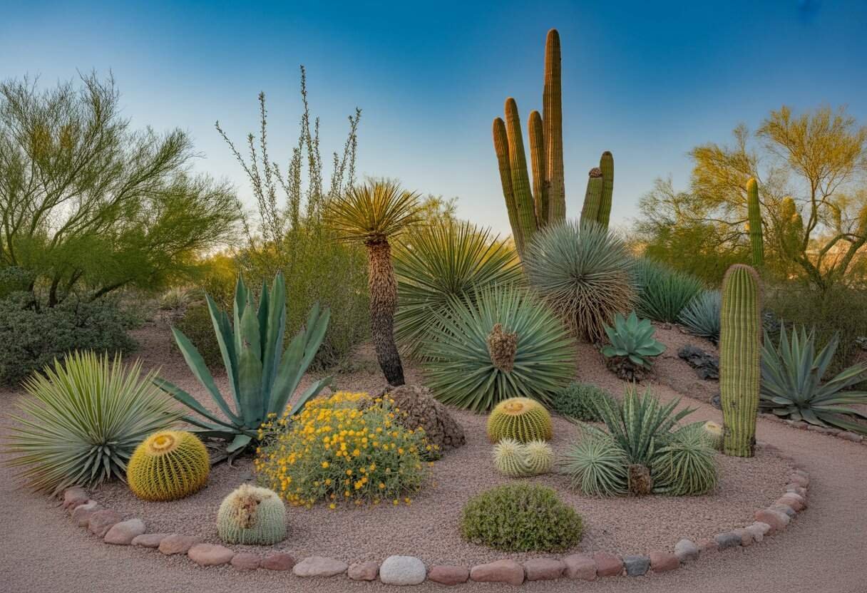 Arizona Native Plants: A Guide to Sustainable Desert Landscaping 3 A desert garden with various Arizona native plants including cacti, agave, and desert trees under a clear blue sky.