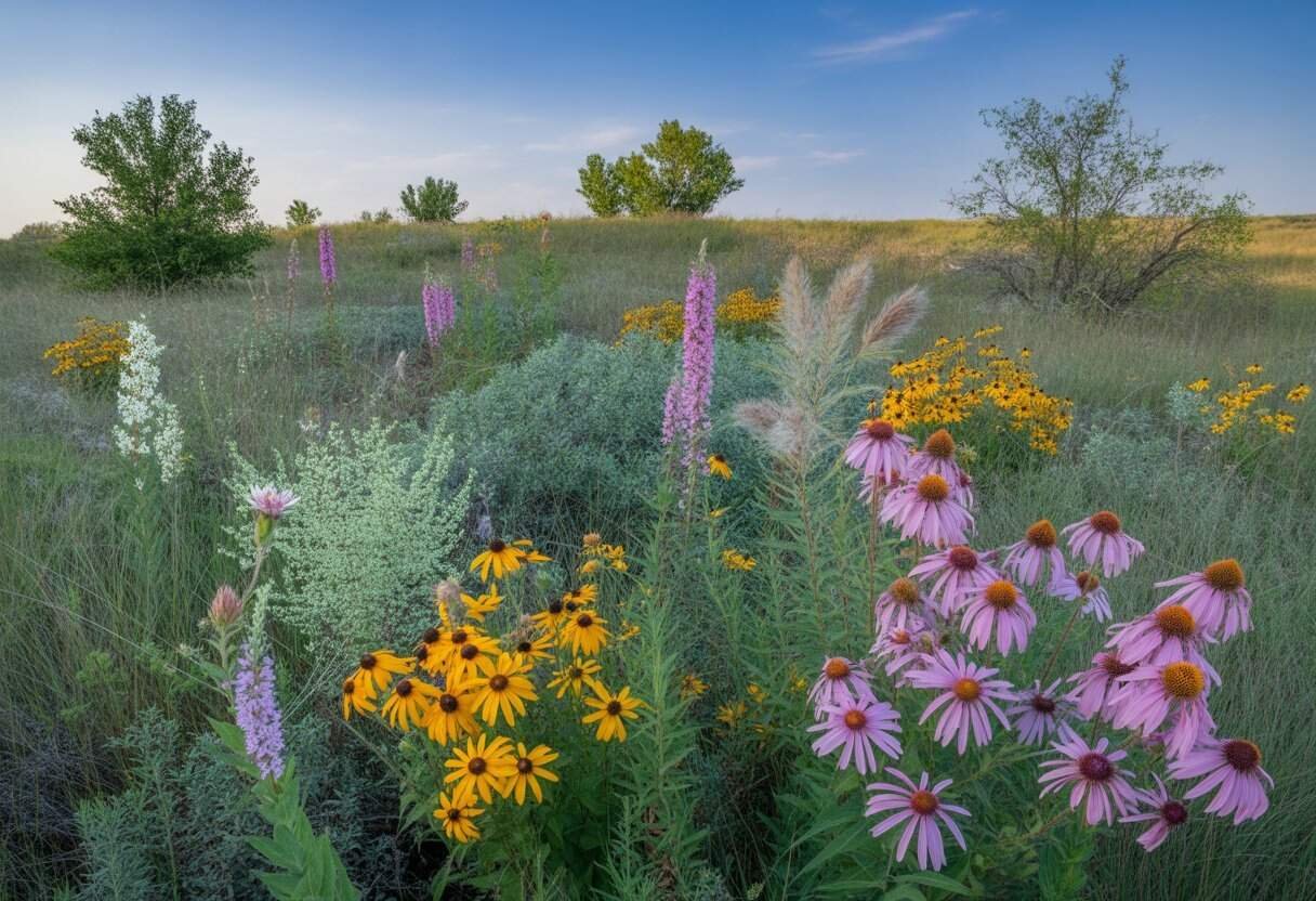 Oklahoma Native Plants: A Guide to Indigenous Flora for Your Garden 1 A sunlit prairie with tall grasses, colorful wildflowers, and native shrubs under a clear blue sky.
