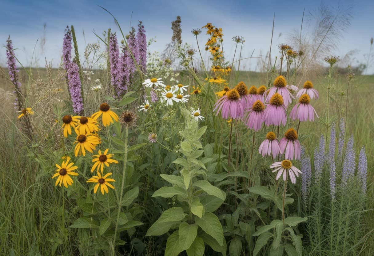 Oklahoma Native Plants: A Guide to Indigenous Flora for Your Garden 2 A colorful assortment of native Oklahoma plants including wildflowers and grasses in a natural prairie setting under a clear blue sky.