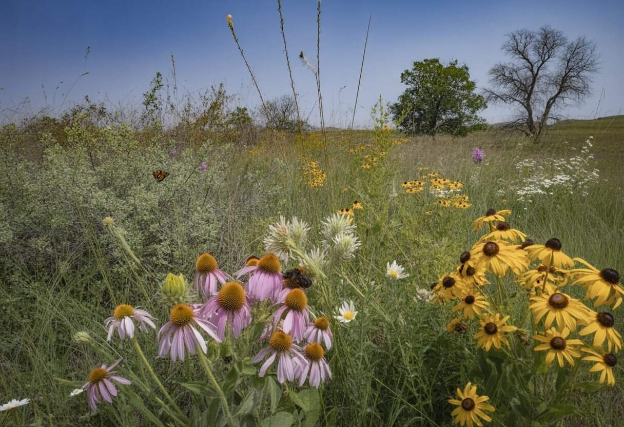 Oklahoma Native Plants: A Guide to Indigenous Flora for Your Garden 3 A sunny prairie landscape with native Oklahoma plants including wildflowers, grasses, and trees, with a butterfly pollinating a flower.