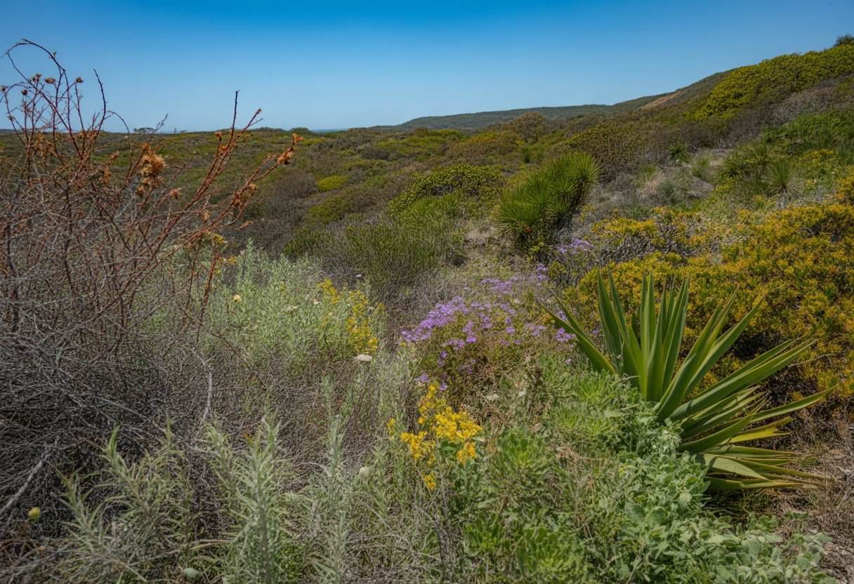 San Diego Native Plants: A Guide to Sustainable Landscaping for Southern California Homes 2 A sunlit landscape of San Diego native plants including coastal sagebrush, manzanita bushes, and colorful wildflowers with rolling hills and clear blue sky in the background.