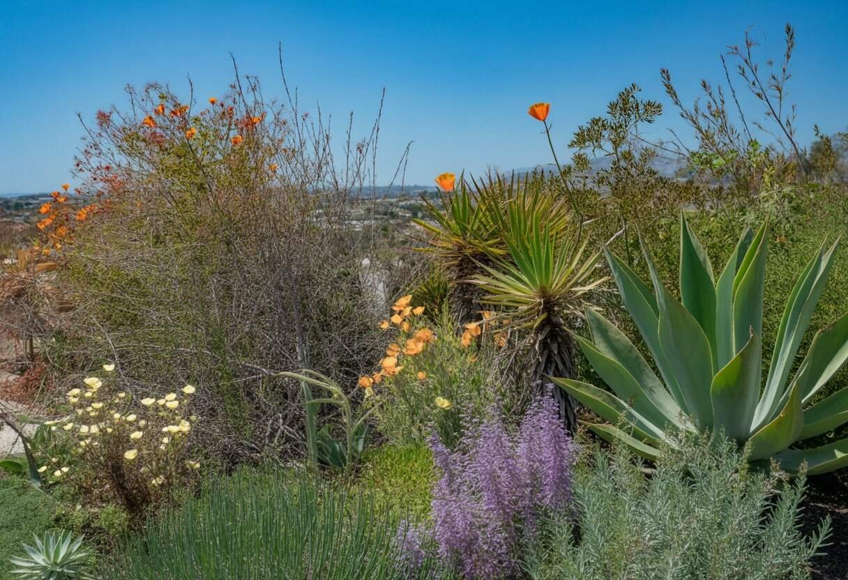 San Diego Native Plants: A Guide to Sustainable Landscaping for Southern California Homes 3 A sunlit garden filled with diverse native San Diego plants including wildflowers and shrubs, with a natural landscape in the background.