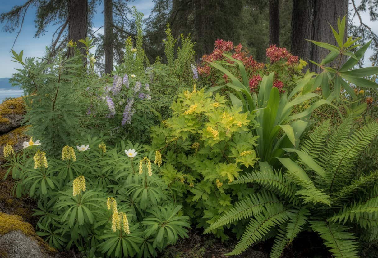 Washington Native Plants: A Comprehensive Guide to Indigenous Flora of the Evergreen State 1 A variety of native Washington plants including Douglas fir trees, red columbine flowers, Oregon grape shrubs, and sword ferns in a forest setting with sunlight filtering through the trees.