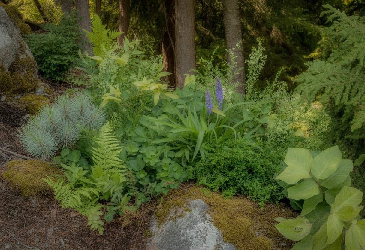 Washington Native Plants: A Comprehensive Guide to Indigenous Flora of the Evergreen State 2 A natural outdoor scene with various native Washington plants including ferns, wildflowers, and shrubs among mossy rocks and forest soil, with tall trees in the background.