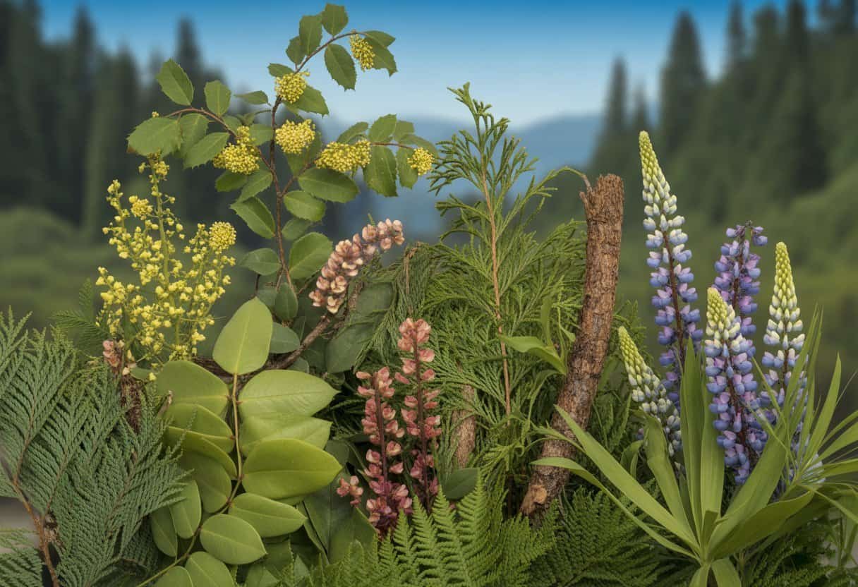 Washington Native Plants: A Comprehensive Guide to Indigenous Flora of the Evergreen State 3 A natural outdoor scene displaying a variety of native Washington plants including Oregon grape, Western red cedar, lupines, and sword ferns with a forest background.