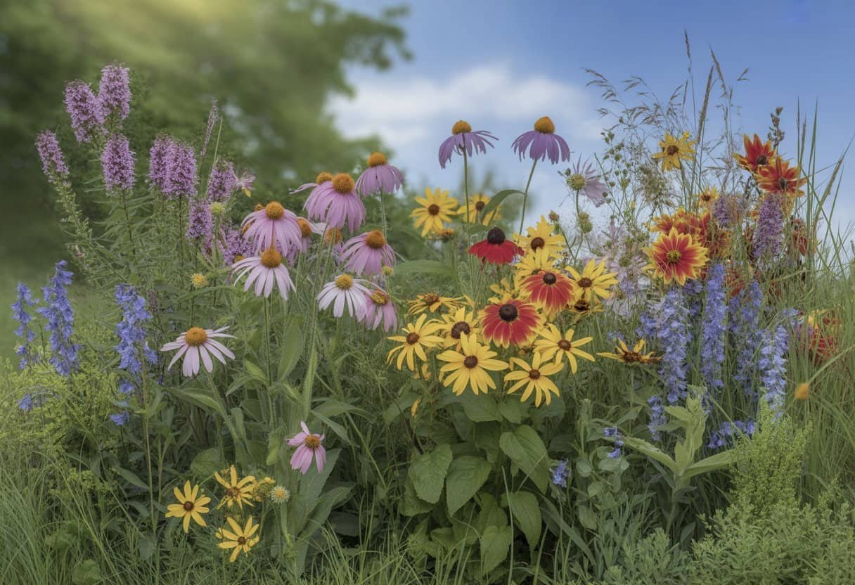 Kentucky Native Plants: A Guide to Indigenous Flora for Your Garden 1 A sunlit meadow filled with colorful Kentucky native wildflowers and grasses in full bloom under a clear blue sky.