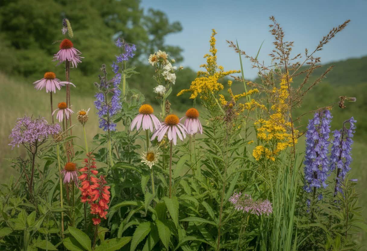 Kentucky Native Plants: A Guide to Indigenous Flora for Your Garden 2 A sunlit outdoor scene showing a variety of colorful native Kentucky plants and wildflowers in a natural meadow setting.